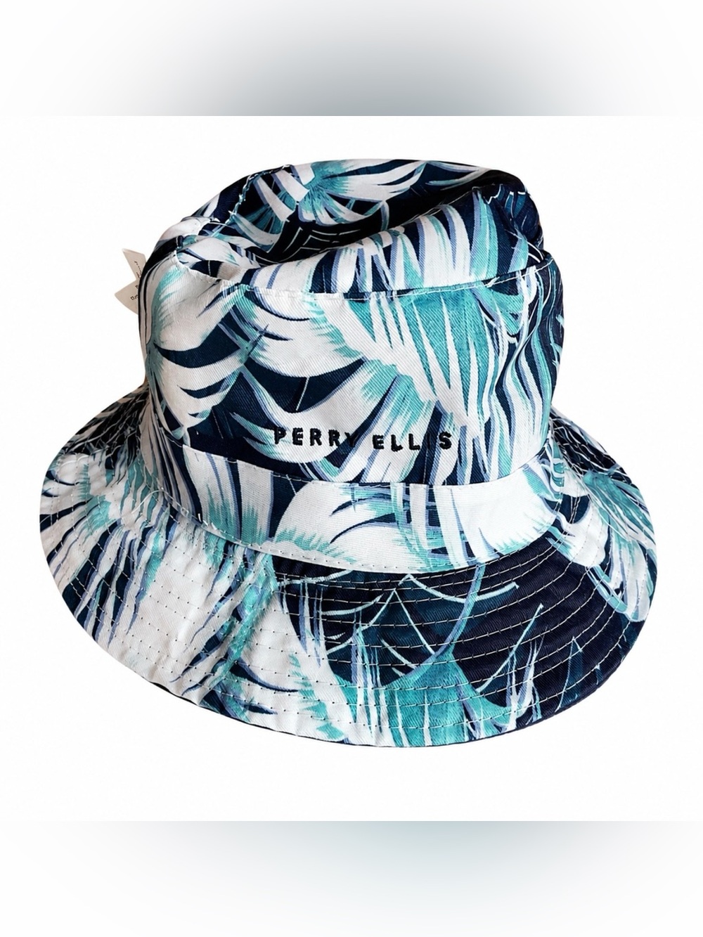 Perry Ellis Tropical Leaf Print Bucket Hat Blue/White Summer Unisex. NWT